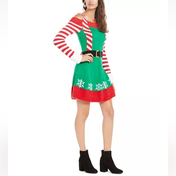 Holiday Elf Dress Cold Shoulder Planet Gold Christmas Womens - Picture 2 of 5